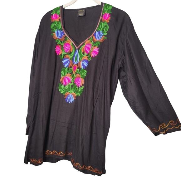 OMJA World Black Boho Top Women's One Size/L Colorful Floral 100% Cotton Shirt - Picture 1 of 12